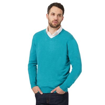 Big and tall turquoise v neck jumper